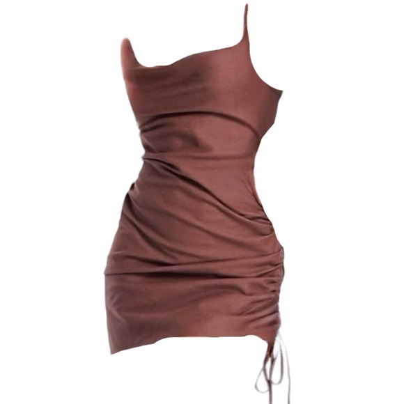 NWT ASOS Design Cowl Neck Beach Mini Dress “Brown” Ruched Tie Side Low Back Sz 0 - Picture 2 of 15